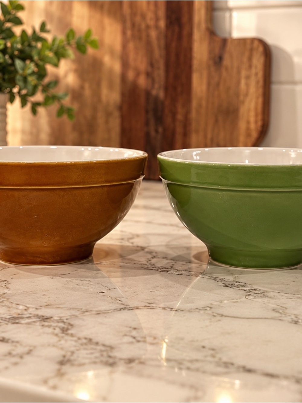 Emile Henry made in France.Stoneware Serving Bowls in Green and Brown 6”